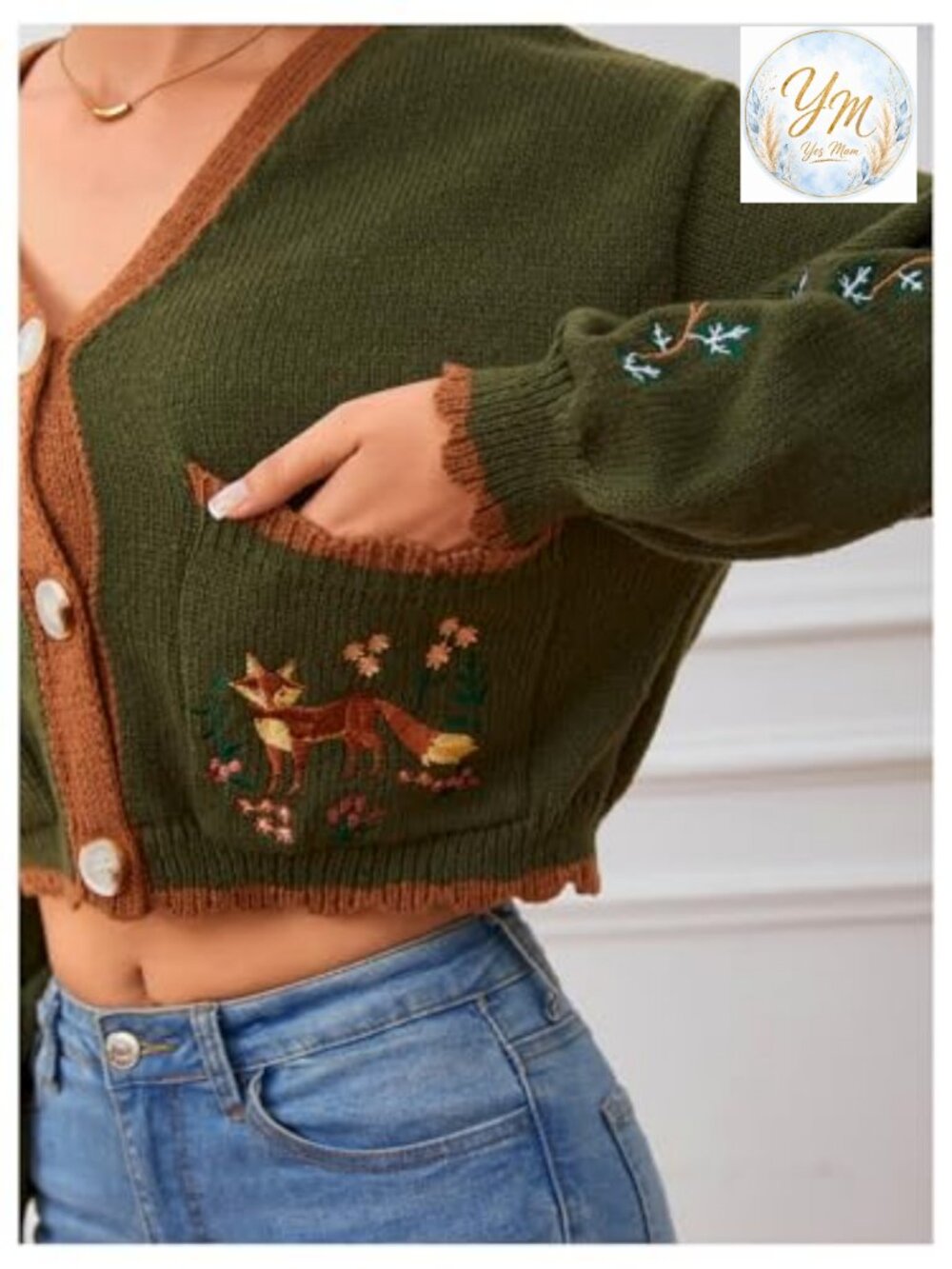 Women's Floral Embroidered Cropped Cardigan Boho Open Front Sweater - Picture 6 of 7